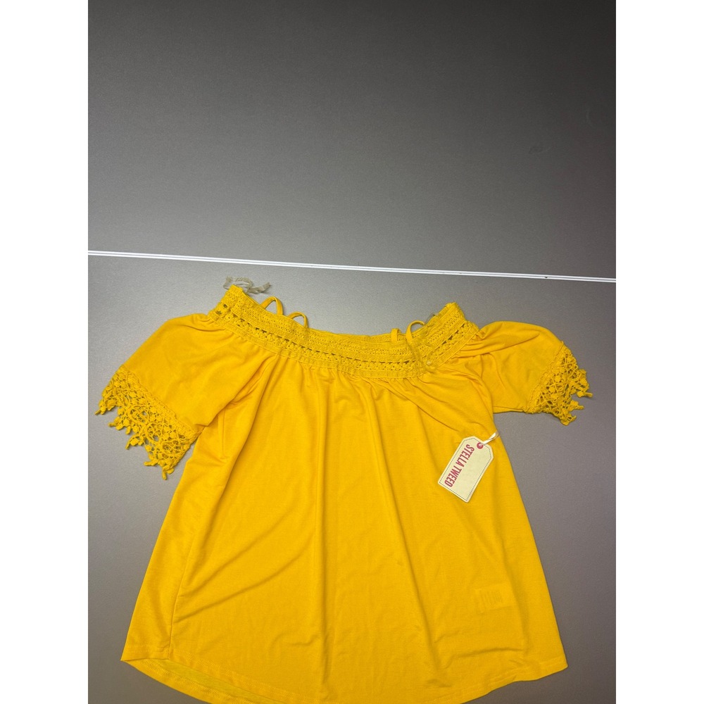 Stella Tweed Yellow Off Shoulder Crochet Lace Trim Top Large NWT